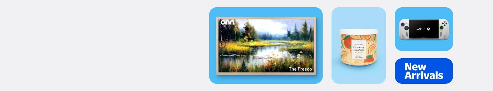 A gray banner featuring a picture frame TV with a pond scene, an orange candle & an amber vase against blue backgrounds.