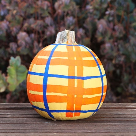 Yellow orange and blue plaid striped pumpkin