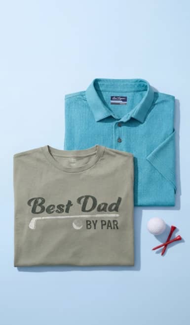A blue polo shirt, a “Best Dad” t shirt, wallet. Text reads: from six dollars and ninety-eight cents.