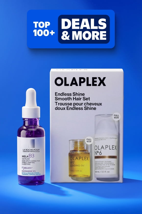 Top one hundred plus deals and more badge above Olaplex Endless Shine Smooth Hair Set box with La Roche Posay Mela B3 serum bottle.