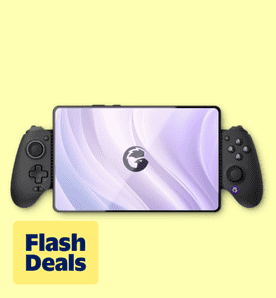 Flash deals. Image shows a black GameSir G8+ wired game controller with an extendable design on a yellow background.