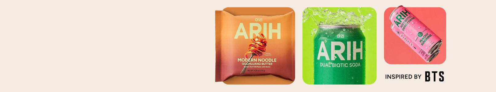 ARIH modern noodles, postbiotic energy drink and dual biotic soda are shown.