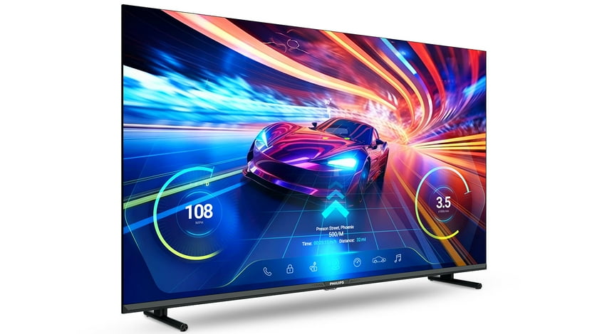 A Philips brand gaming TV is shown with a gameplay screen.