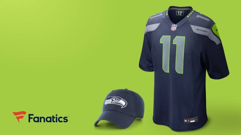 View an NFL jersey, a shirt, a hat and the Fanatics logo.