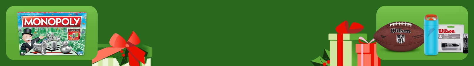 A Monopoly set, a Wilson football, a Gatorade water bottle, and a Wilson glare-reducing black stick.