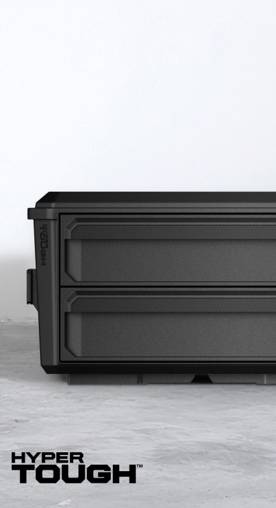 An image of a black toolbox on a grey background, next to the Hyper Tough logo.
