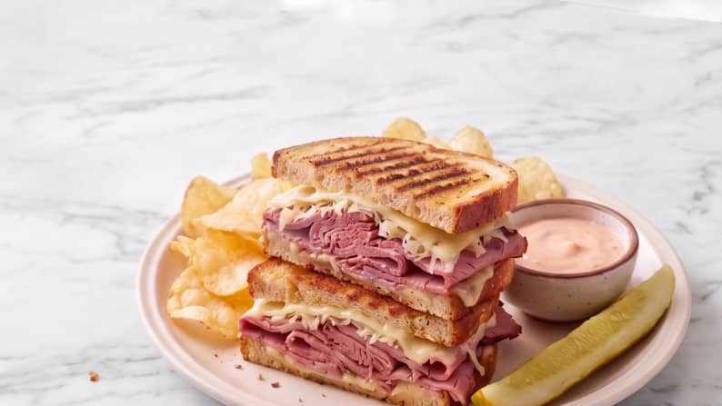 Grilled deli meat and cheese sandwich halves on a plate with potato chips, dipping sauce and a pickle spear.