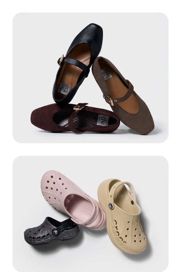 Women's ballet flats & a variety of Crocs in different colors & sizes.