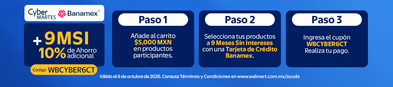 Cybermartes 9MSI +10%. Vigencia 6 de Octubre. 1. Añade al carrito al menos $5,000 MXN en productos participantes. 2. Selecciona una Tarjeta de crédito Banamex. 3. Coloca el cupón WBCYBER6CT en tu carrito. Realiza tu pago