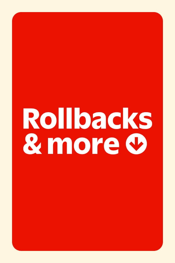 Rollbacks and more is written in white text on a red background with an arrow design.Â