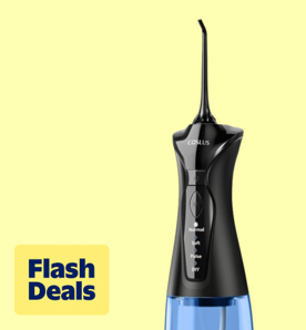 Image shows a black Coslus water dental flosser with a blue water tank on a pale yellow background.