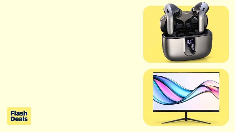 Flash Deals badge with metallic wireless earbuds in a charging case above a widescreen monitor showing a colorful wave graphic.