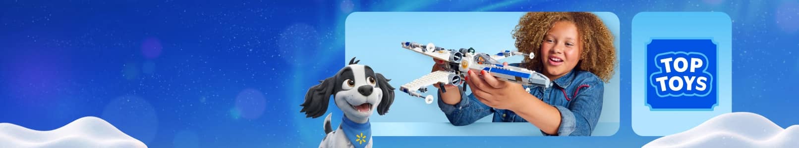 Top Toys badge. Child plays with a large toy airplane beside a cartoon dog character.