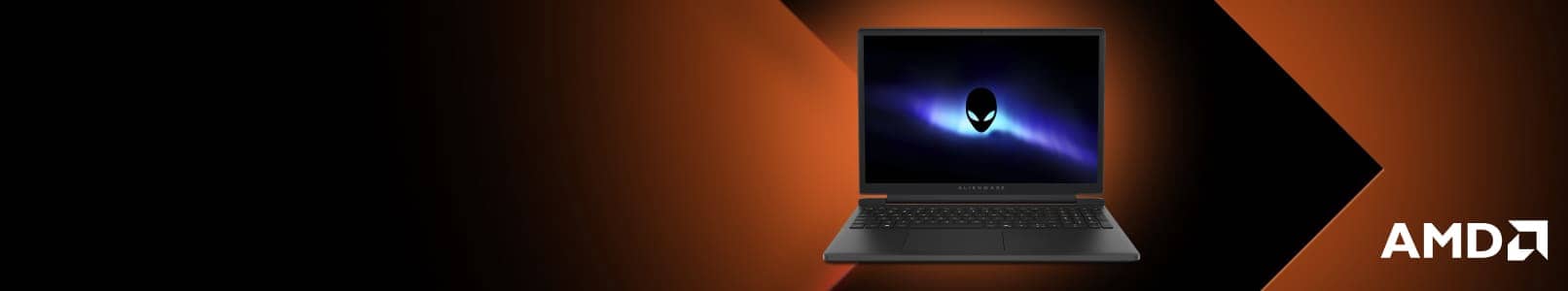 AMD logo. Laptop with Alienware logo on screen.