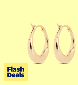 Flash deals. Image shows Amy and Annette's 14k yellow gold-plated hoop huggie earrings on a pale yellow background.