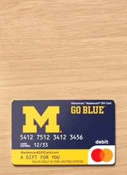 Wolverines Mastercard gift debit card with yellow M and text Go Blue, A gift for you, valid only in the United States.