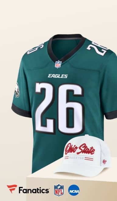 Fanatics. NFL. NCAA. Image shows an Eagles jersey and an Ohio State hat.