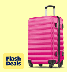 Flash deals. Image shows a rose-colored hard-shell Gowill luggage with wheels on a yellow background.