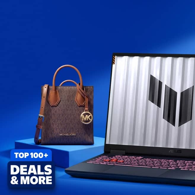 Top one hundred plus deals and more badge with a Michael Kors handbag and an Asus gaming laptop.