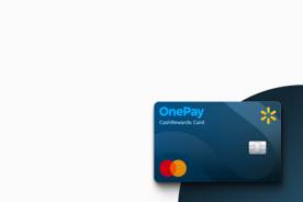 An image of a blue credit card on a blue background. Card says: OnePay CashRewards Card, with two orange circles, a yellow spark, and a silver chip.