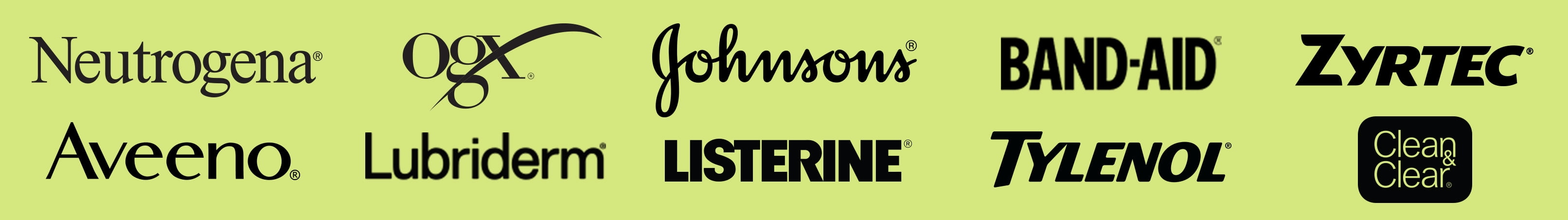 Logos for Neutrogena, Aveeno, Ogx, Lubriderm, Johnsons, Listerine, Band-Aid, Tylenol, Zyrtec, and Clean and Clear.