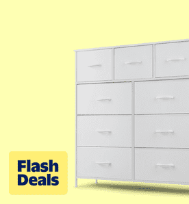 Flash Deals. Image shows a white nine-drawer dresser by BIGLEAP with a wood top against a light yellow background.