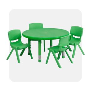 Image shows a green round adjustable plastic activity table set with four matching school stack chairs by Flash Furniture on a white background.