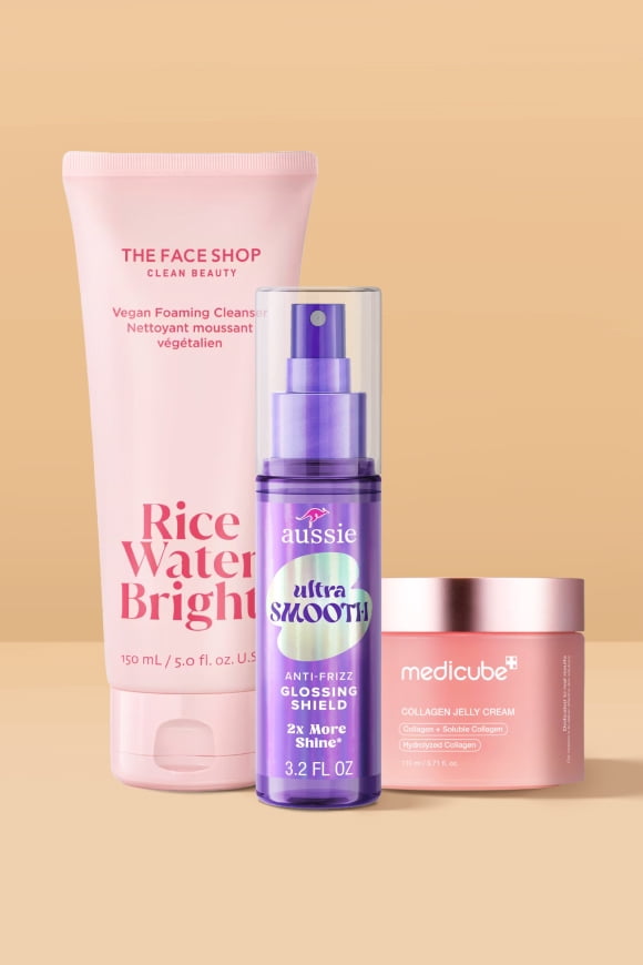 The Face Shop Rice Water Bright Cleanser, Aussie Ultra Smooth Glossing Shield, and medicube Collagen Jelly Cream with "Beauty's newest arrivals.