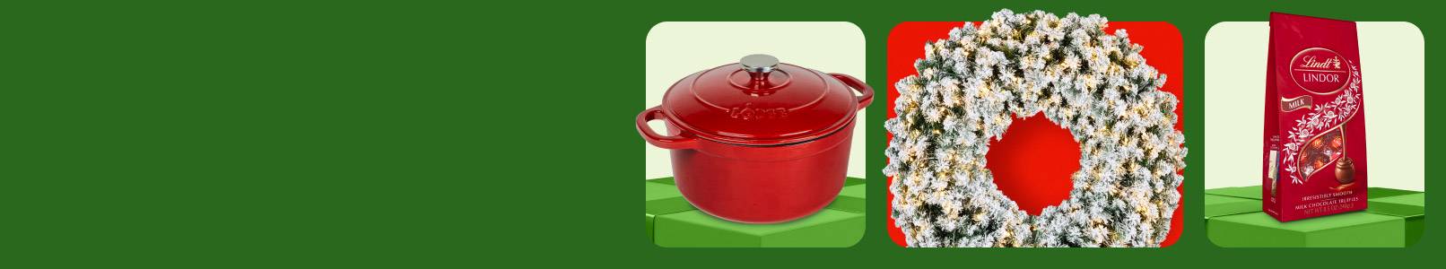 A Lodge cast iron Dutch oven, a wreath, and a bag of Lindt’s Lindor truffles.