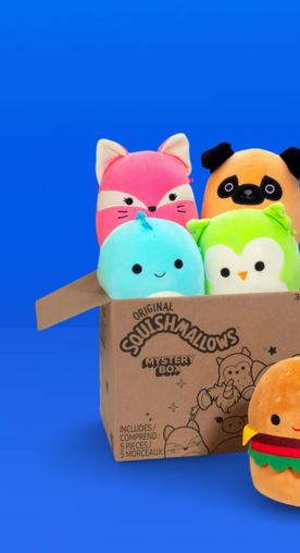 Image shows a brown Squishmallows mystery box with colorful plush toys on a blue background.