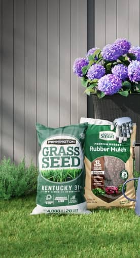 Grass seed, mulch, a watering can and a raised bed of flowers on a green lawn, in front of a grey fence.