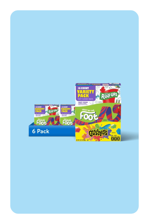 Image shows (6 pack) Fruit Roll-Ups, Fruit by the Foot, Gushers Gluten Free Fruit Flavored Snacks (16 Pouches)