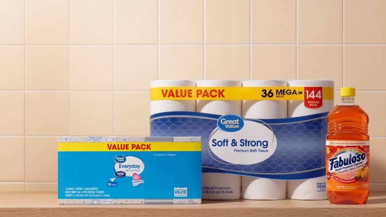 Great Value facial tissue value pack, Great Value Soft and Strong bath tissue value pack and Fabuloso cleaner.