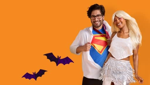 Image shows a person wearing a Clark Kent Halloween costume next to a person wearing a sparkly popstar costume. Bat illustrations are shown.