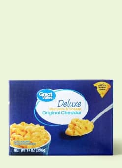 A package of Great Value deluxe macaroni and cheese is pictured.