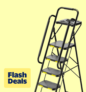 Flash deals. Image shows a black KK KINGRACK six-step ladder with a tool platform and handrails on a yellow background.