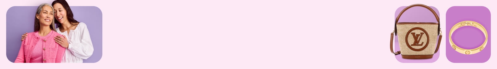 An image of a mom and daughter is visible. Opposite them are a gold bracelet and brown Louis Vuitton purse.