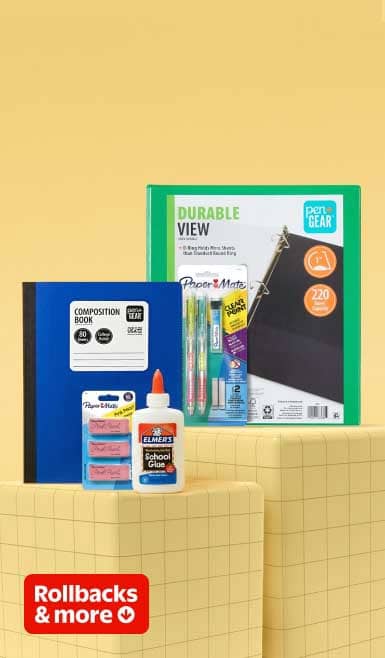 Notebooks, binders, erasers, pencils and glue. Rollbacks & more.