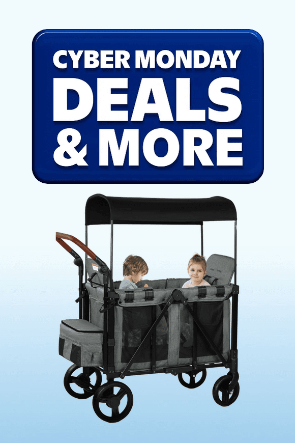 Image shows a grey Vomeast wagon stroller with canopy and adjustable handlebars on a light blue background.