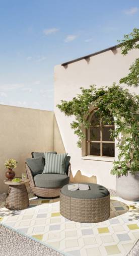 A brown and blue patio set on top of a green and beige rug.