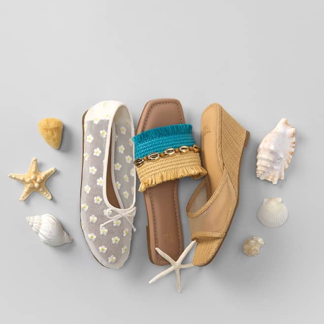 One white lace mesh ballet flat; one teal and yellow slide; one yellow wedge.