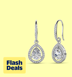 Image shows silver Cate & Chloe dangle earrings with simulated diamond crystals on a pale yellow background.