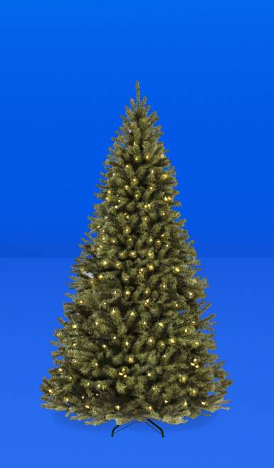 Image shows a Christmas tree with yellow lights.