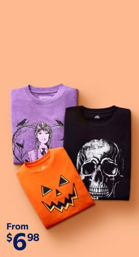 Image shows a purple Wednesday Addams sweater, a black skull sweater and an orange jack-o'-lantern sweater. From six dollars and ninety-eight cents.