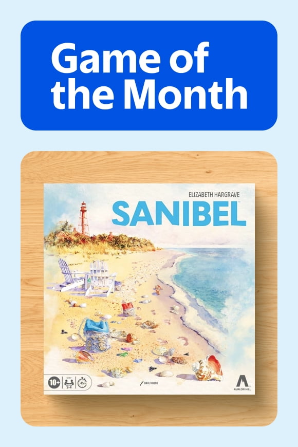 Game of the month badge. Sanibel boardgame with seaside scene illustration.