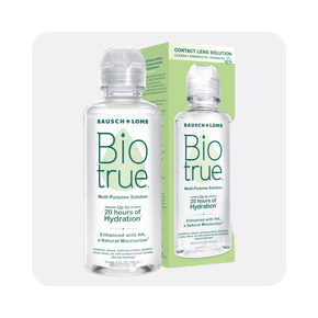 Image shows a clear bottle of Biotrue original multi-purpose contact lens solution with its green and white packaging against a white background.