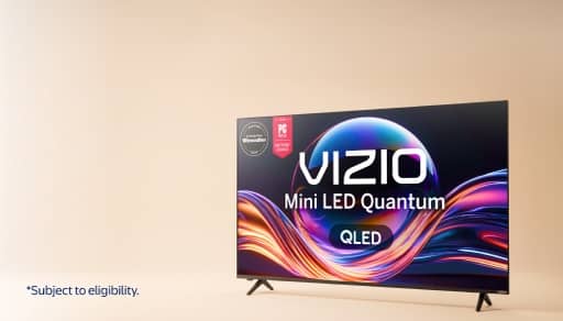 Subject to eligibility. Vizio Mini LED Quantum QLED television with colorful abstract sphere and award badges on the screen.