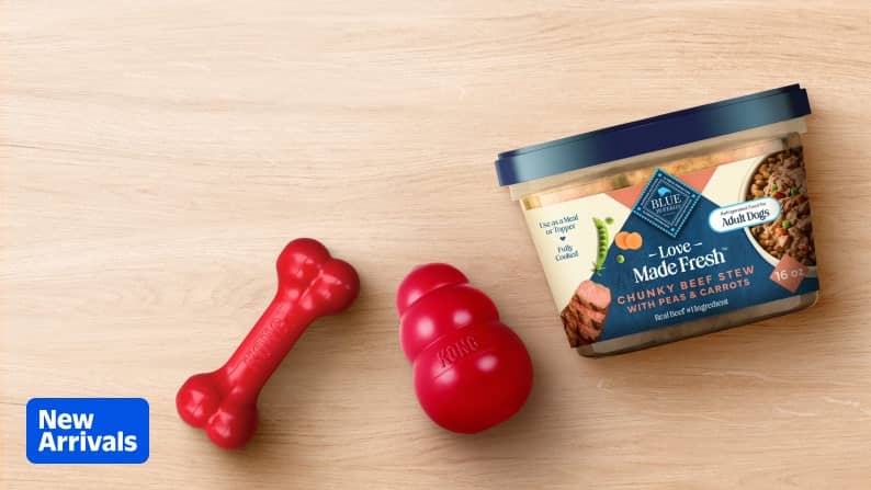 Blue Buffalo pet food and a red KONG squeaky dog toy.