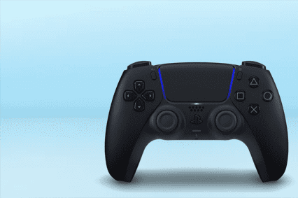 Image shows a black PlayStation DualSense wireless controller on a light blue background.