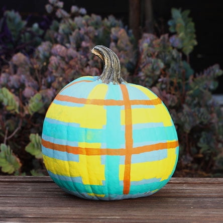 Blue, teal yellow and orange plaid pumpkin
